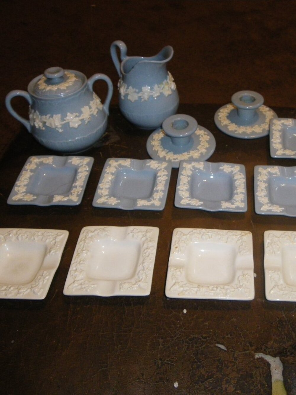 Wedgwood Of Etruria & Barlaston Embossed Queens Ware Creamer Sugar Candle Plates